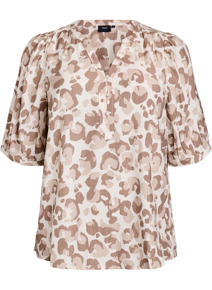Bluse med leopardtrykk og halvlange ermer, Hvit, Packshot image number 0