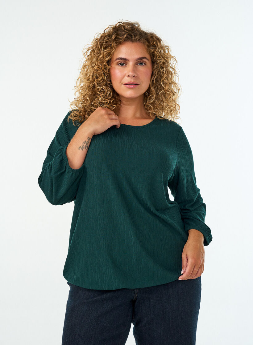 Bluse med tekstur og 3/4 ermer, Gr&oslash;nn, Model image number 0