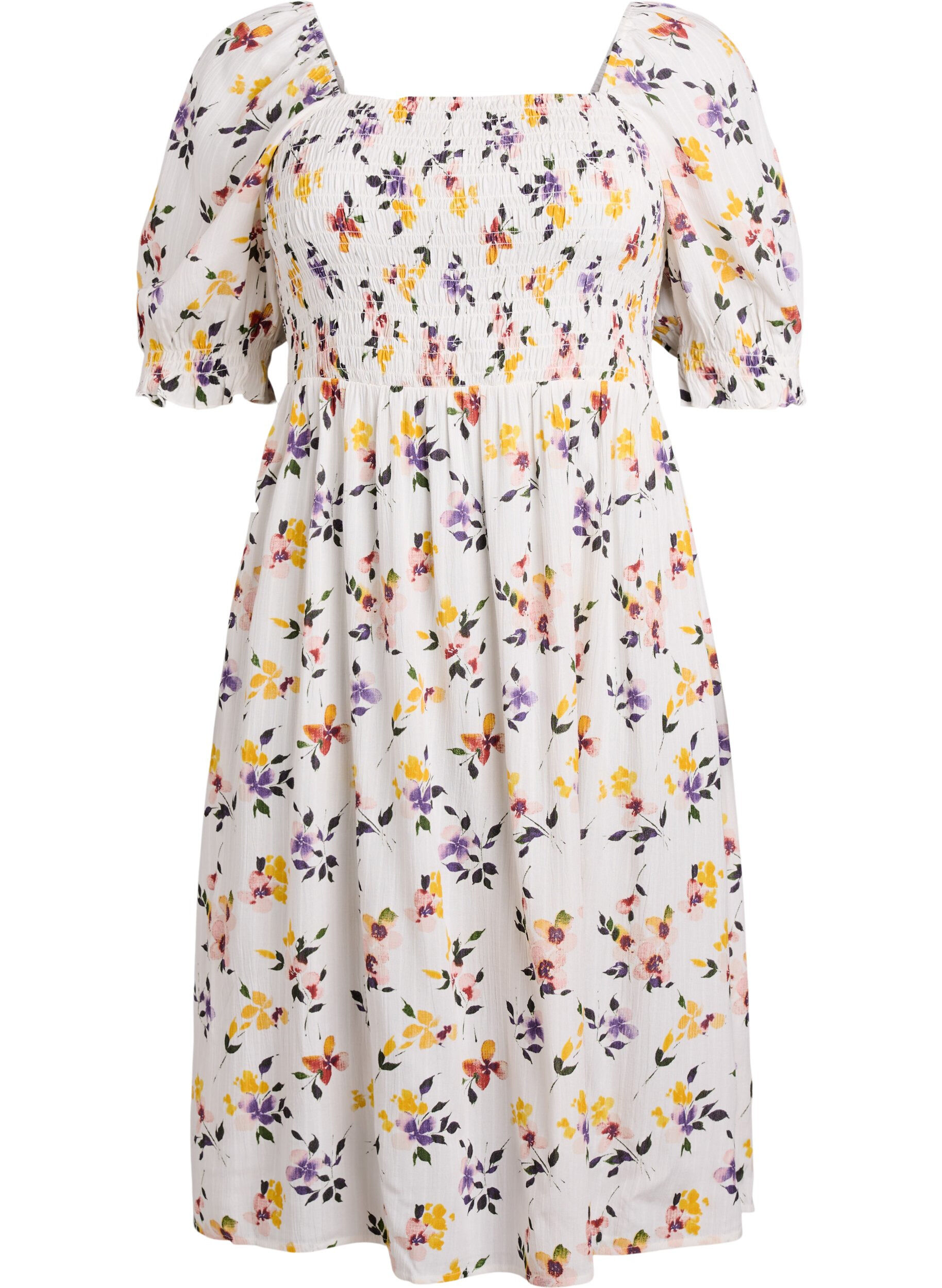 ZizziBlomstrete midikjole av viskose med smock, Hvit, Packshot image number 0