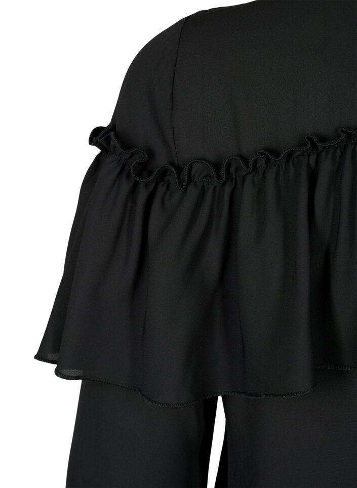 Ruffle-skjortebluse med perleknapper, Black, Packshot image number 4