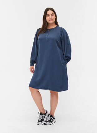Kjole med lange puffermer, Dark blue denim, Model image number 2