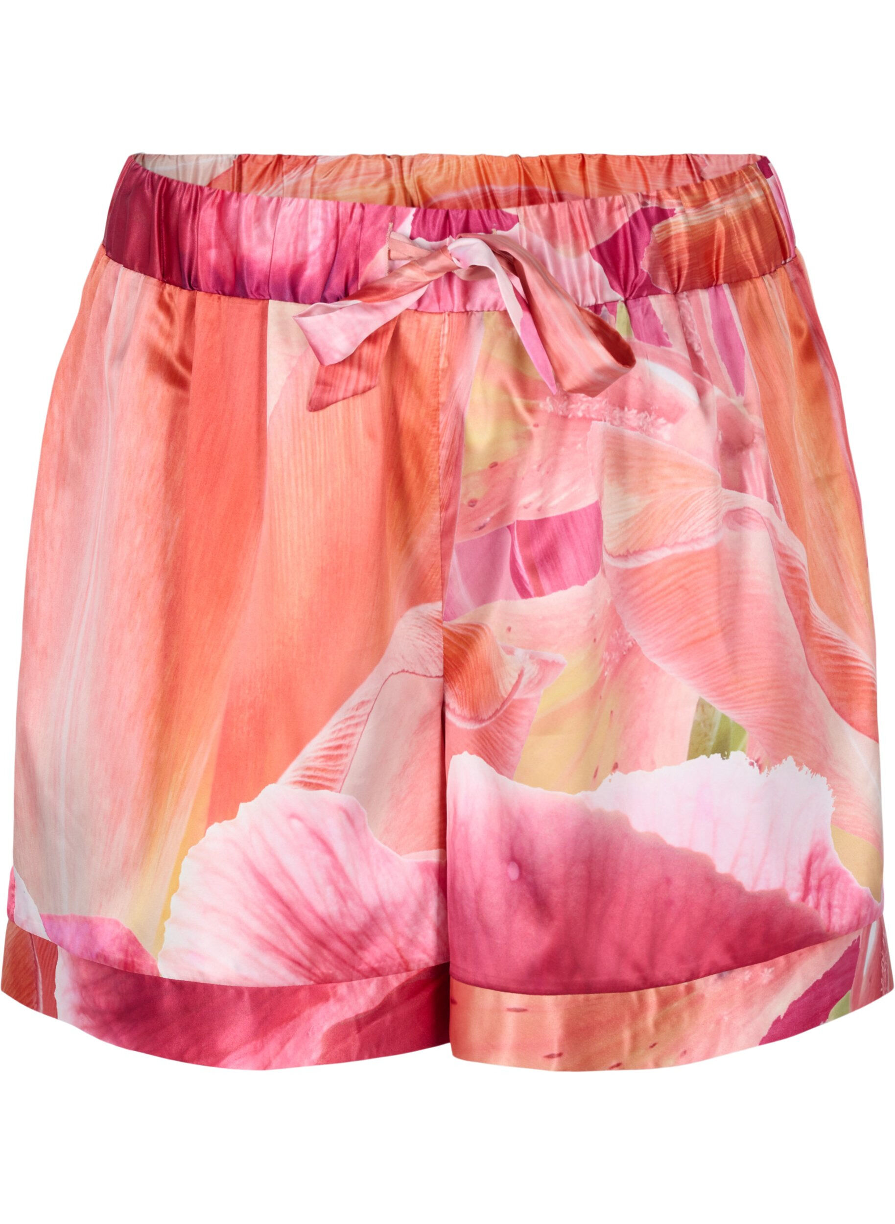 Zizzi M&oslash;nstrete shorts med knyting, Orange Pink AOP, Packshot image number 0