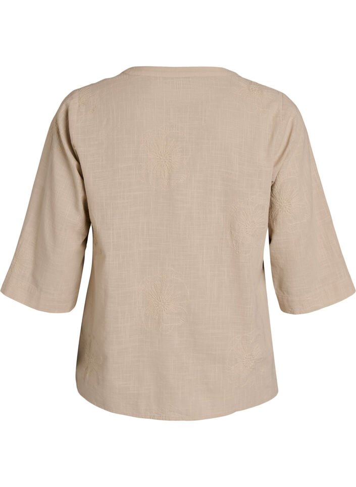Bluse i bomull med broderte detaljer og 3/4 ermer, Beige, Packshot image number 1