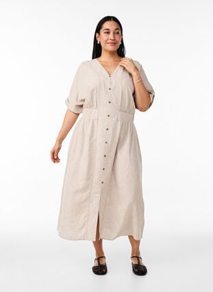 Zizzi Midikjole i lin og viskose med splitt foran, Beige, Model image number 0