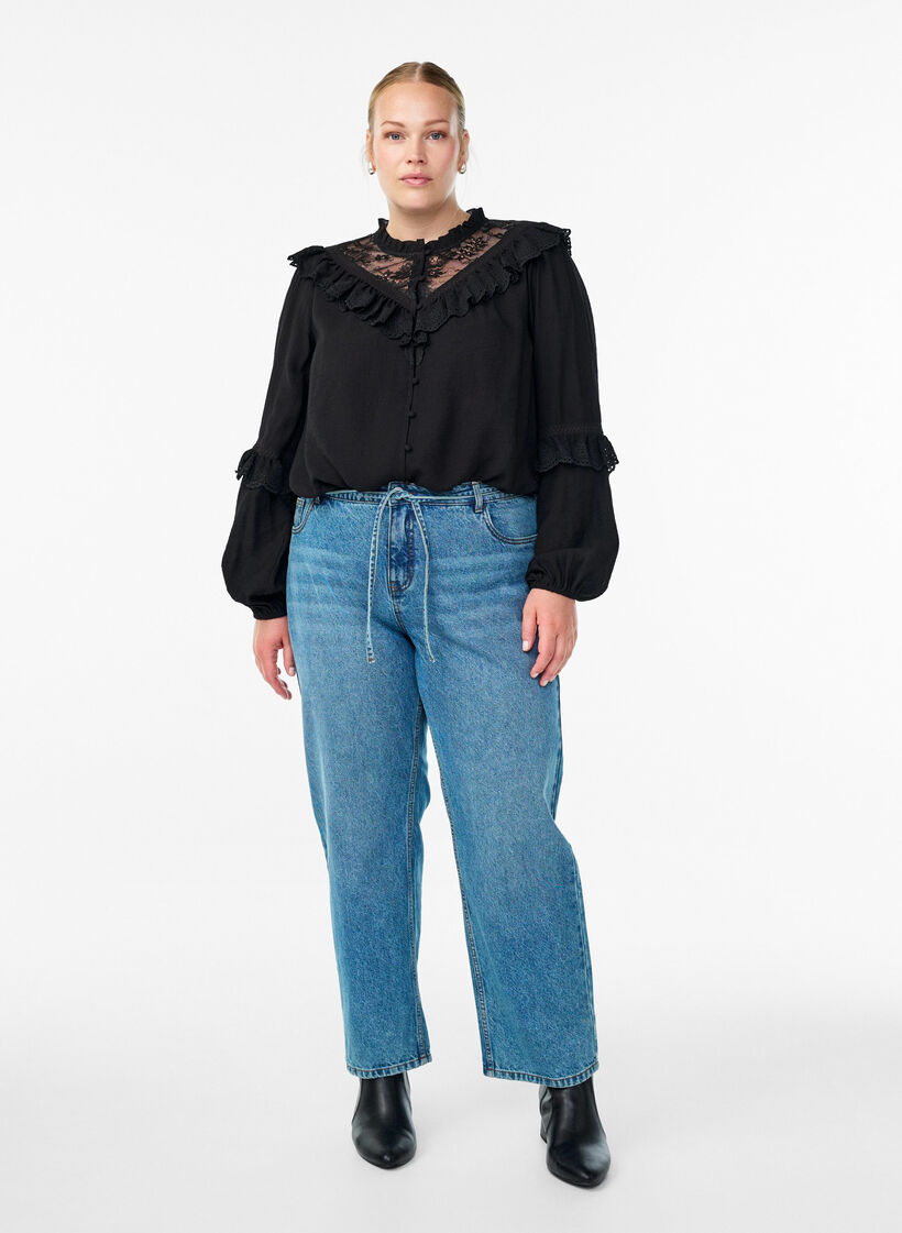 Viskose bluse med blonder og volanger, Black, Model