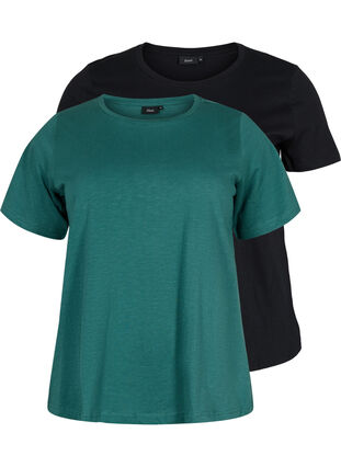 Basis T-skjorter i bomull, 2 stk., Mallard Green/Black, Packshot image number 0
