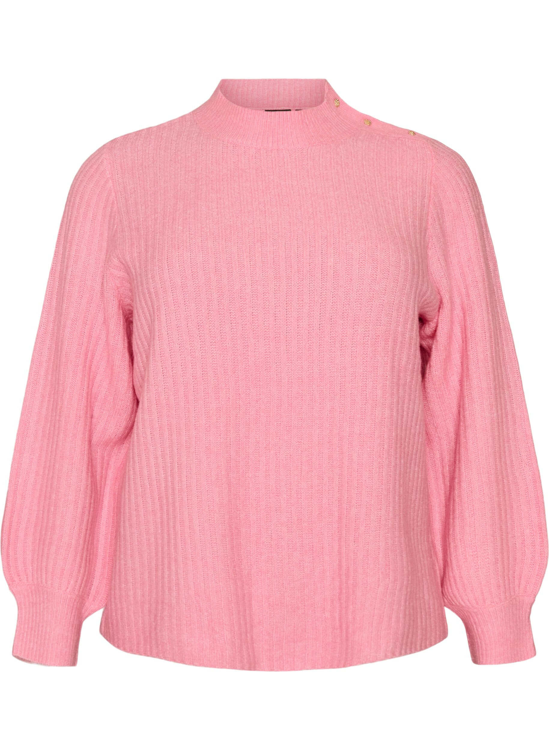 ZizziRibbestrikket genser med puffede ermer og knapper, Rosa, Packshot image number 0