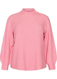 Ribbestrikket genser med puffede ermer og knapper, Rosa