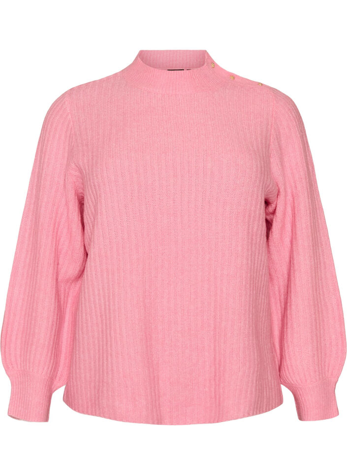 Ribbestrikket genser med puffede ermer og knapper, Rosa, Packshot image number 0