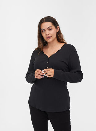 Langermet bluse i ribb med knappedetaljer, Black, Model image number 0