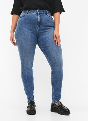Amy jeans med høy midje og supersmal passform, Blue denim, Model image number 2