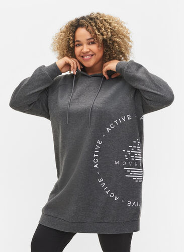 Lang hettegenser med tekst foran, Dark Grey Melange, Model image number 0