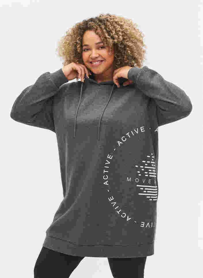 Lang hettegenser med tekst foran, Dark Grey Melange, Model