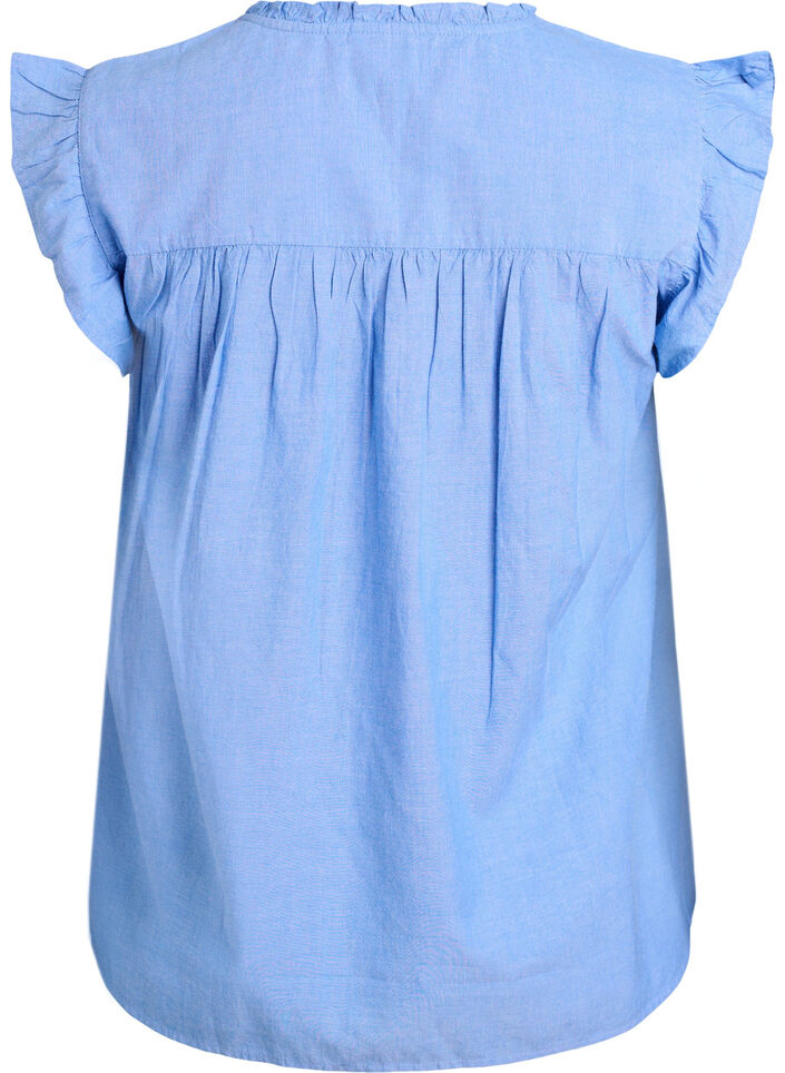 Ermel&oslash;s bomullsbluse med volangkanter, Bl&aring;, Packshot image number 1