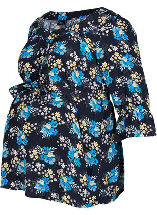 Blomstrete viskosebluse til gravide, Blue Flower AOP, Packshot image number 0