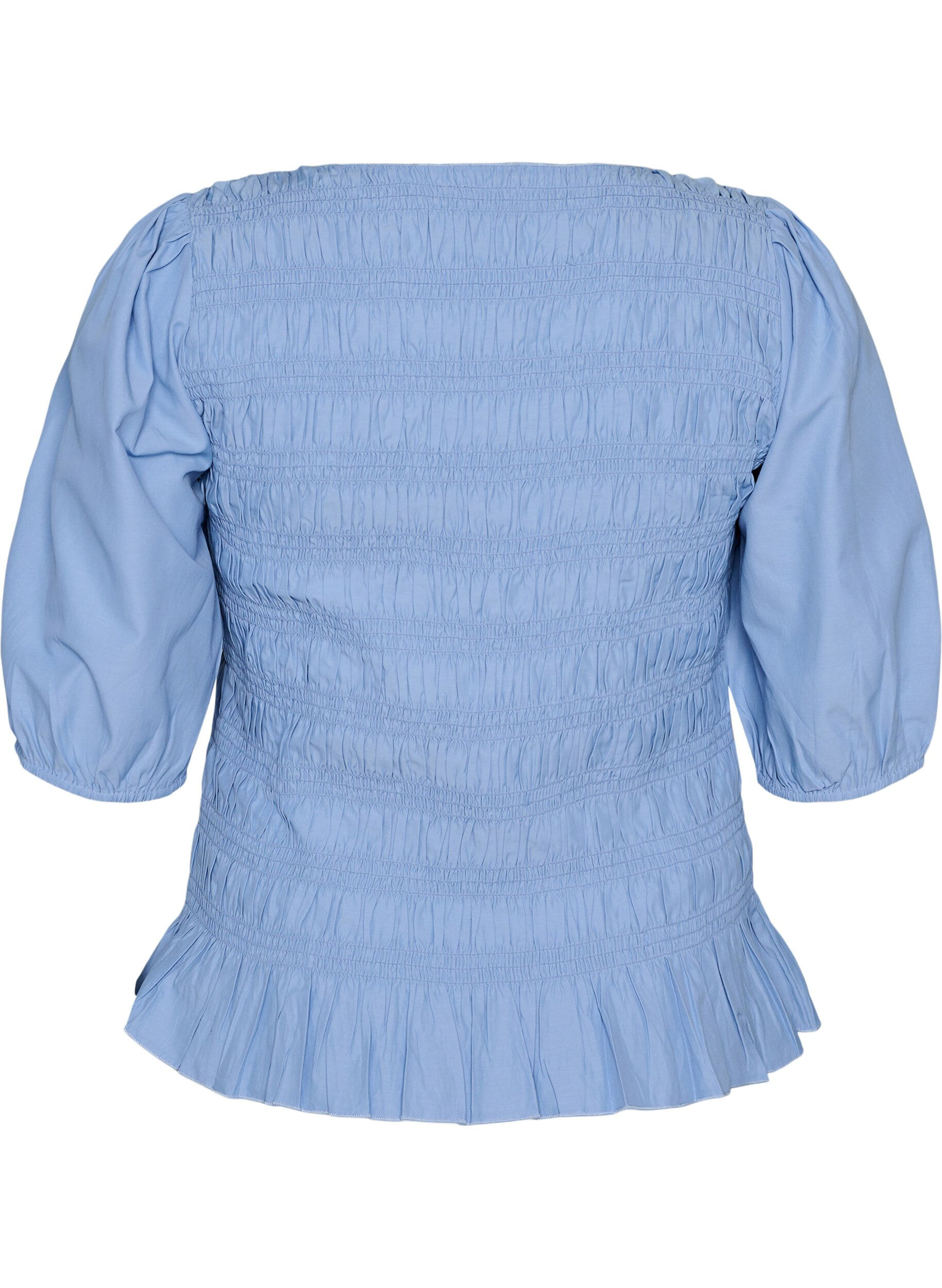 ZizziSmockbluse med volangkant og b&aring;thals, Bl&aring;, Packshot image number 1
