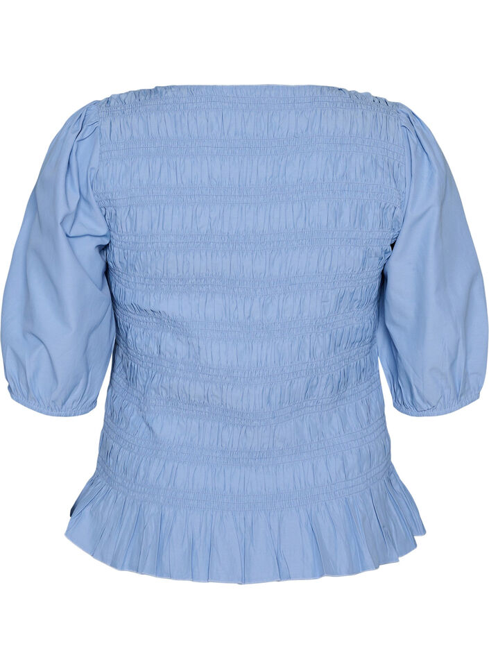Smockbluse med volangkant og b&aring;thals, Bl&aring;, Packshot image number 1