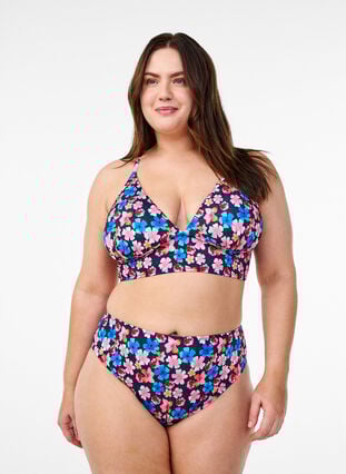Zizzi Blomstret bikinioverdel med knyting på ryggen, Rosa, Model image number 1