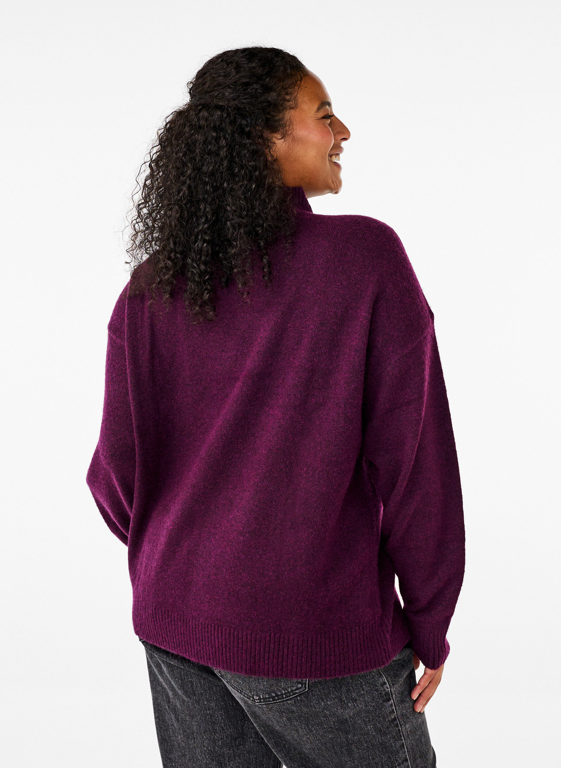 Zizzi Strikket ullbluse med h&oslash;y hals, Potent Purple Mel., Model image number 1