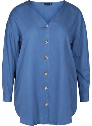 Skjorte i lyocell med v-hals, Blue denim, Packshot image number 0