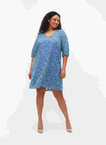 Kortermet kjole med struktur, Coronet Blue, Model image number 2