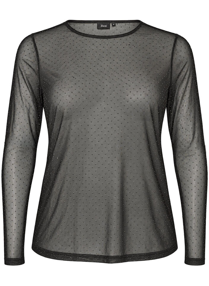 Gjennomsiktig meshbluse med rhinesteiner, Svart, Packshot image number 0