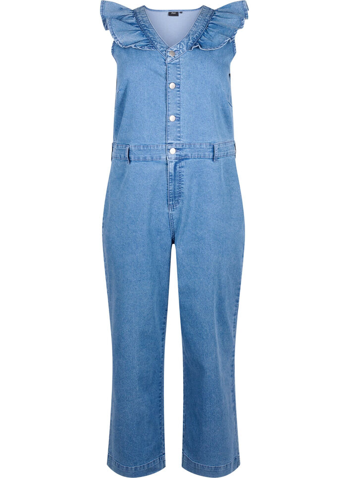Jumpsuit i denim med volanger, Light Blue Denim, Packshot image number 0