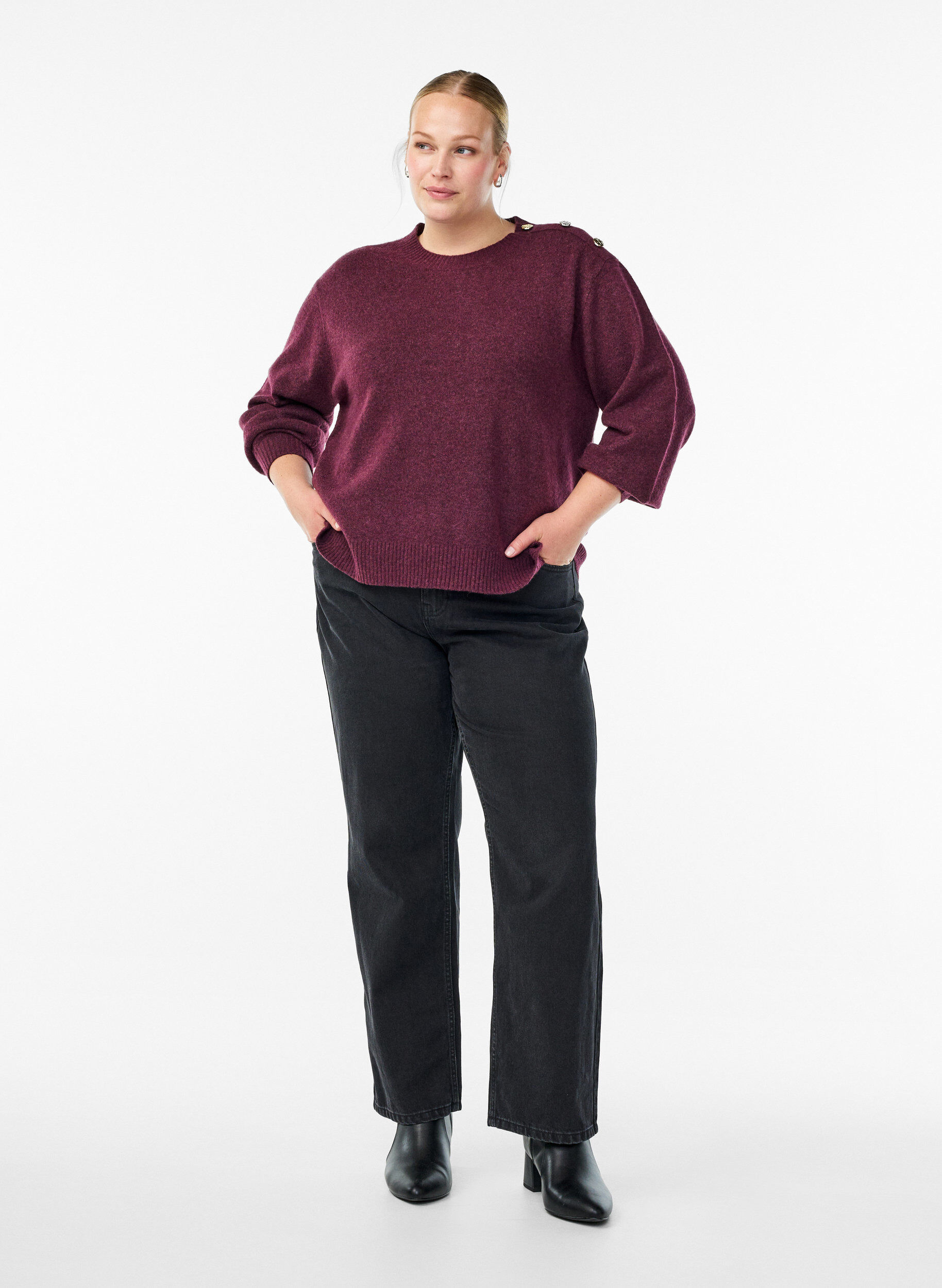 ZizziStrikket bluse med knappdetalj, M&oslash;rk Bordeaux, Model image number 1