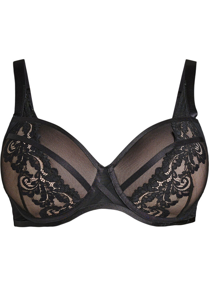 Formst&oslash;pt BH med b&oslash;yle og blomsterblonder, Svart, Packshot image number 0