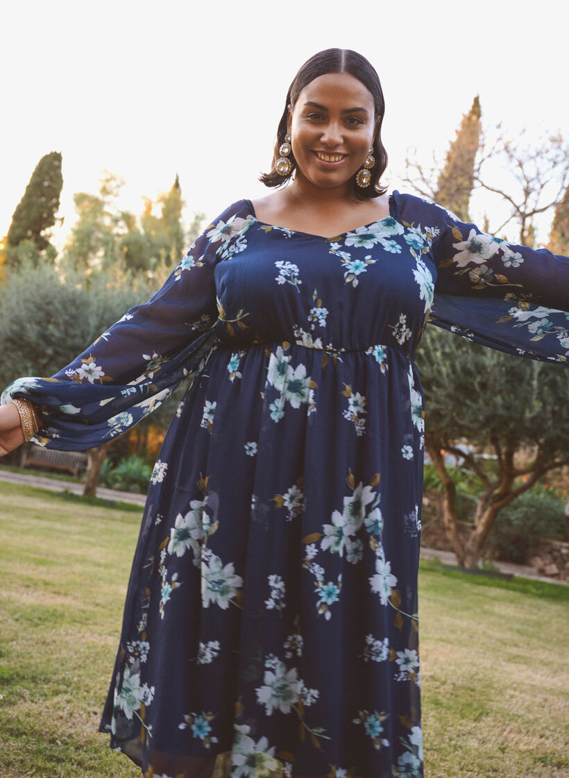 Chiffon festkjole med lange ermer, Bl&aring;, Image image number 0