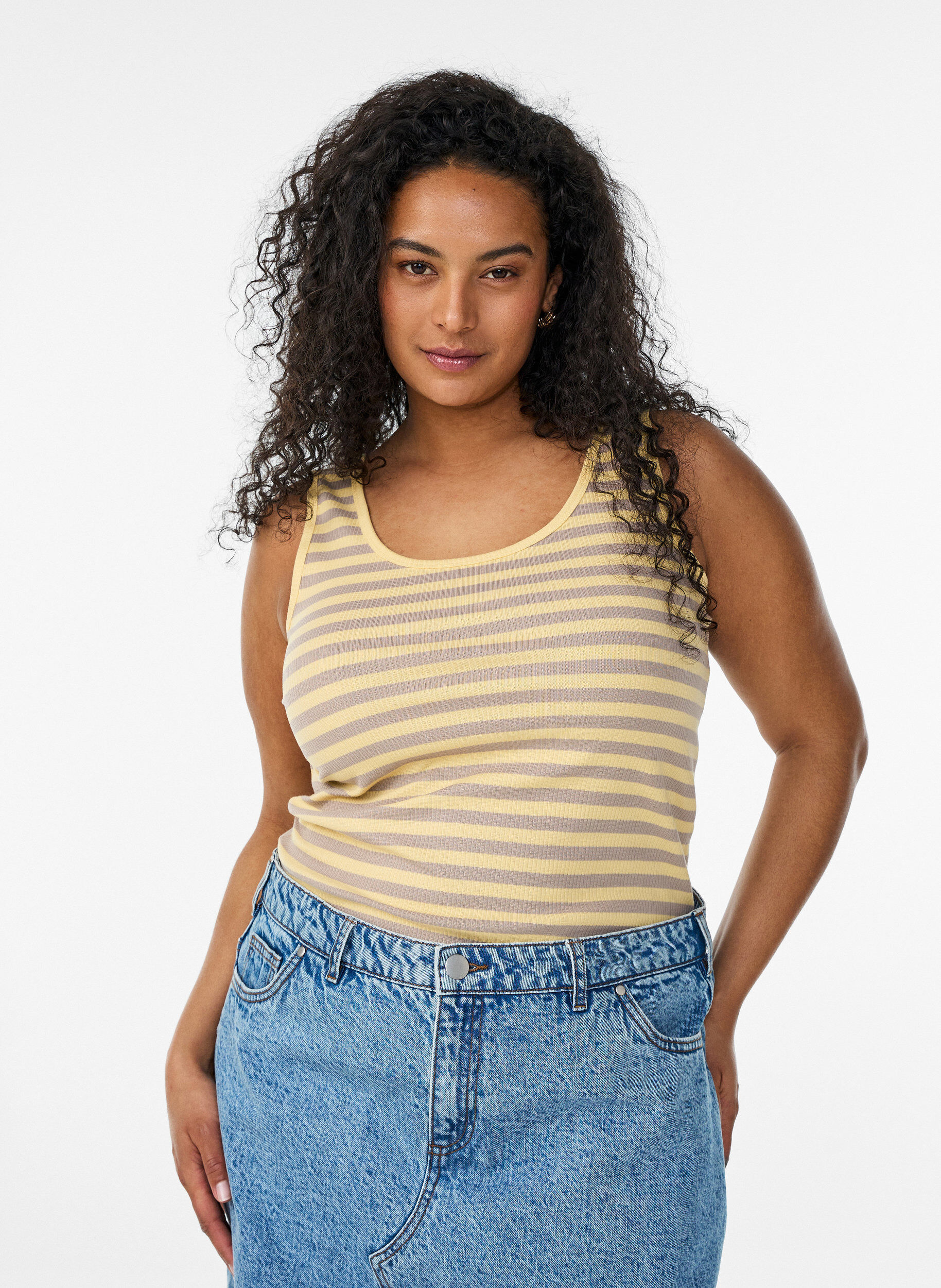 Stripete ribbestrikket singlet, Gul, Model