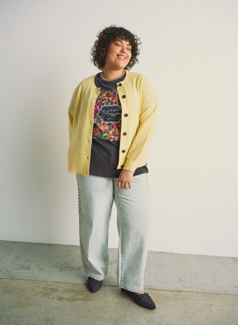 Ribbestrikket cardigan med knapper, Gul, Image
