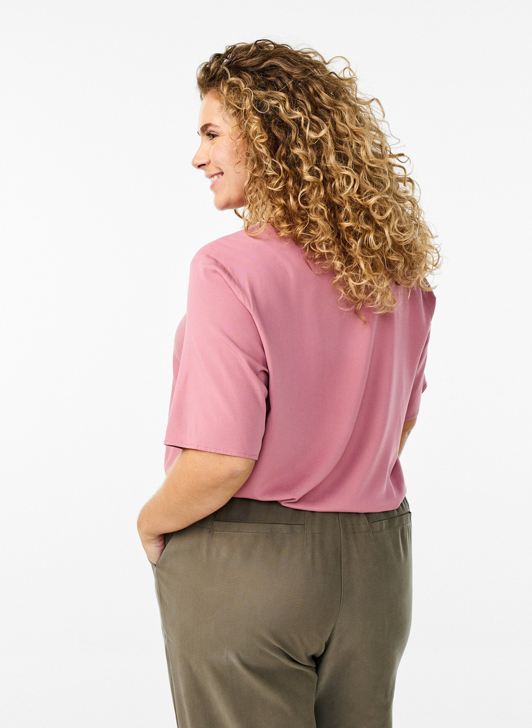 ZizziVevet bluse med korte ermer og rund hals, Rosa, Model image number 2