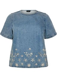 Kortermet denimbluse med broderie anglaise, Bl&aring;