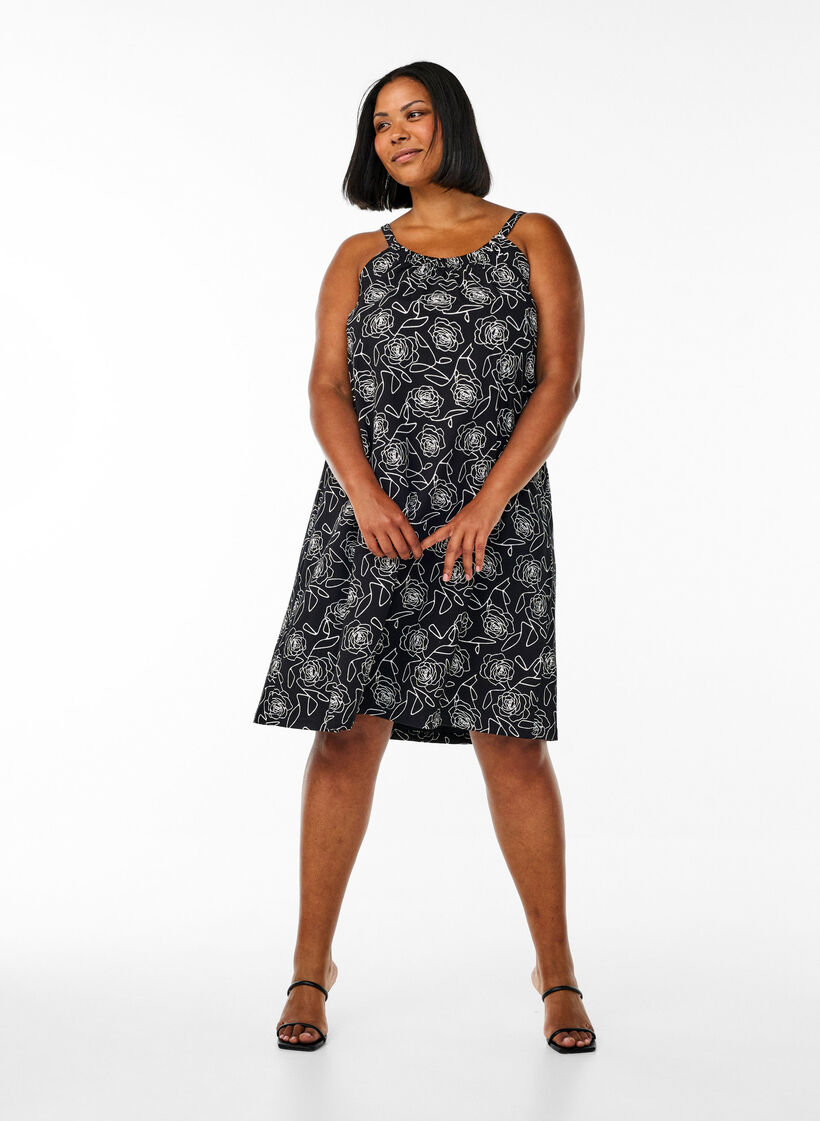 Midi strap dress in organic cotton, Svart, Model image number 1