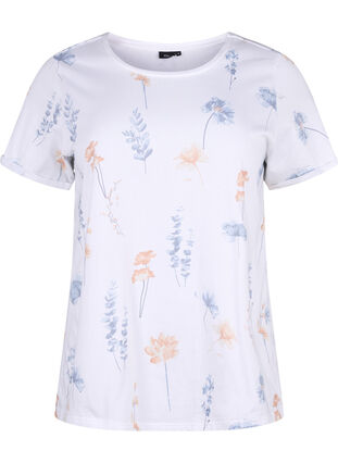 T-skjorte i økologisk bomull med blomstertrykk, Bright W. AOP Flower, Packshot image number 0