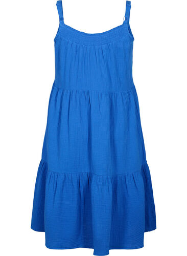 Ensfarget kjole med stropper i bomull, Victoria blue, Packshot image number 1