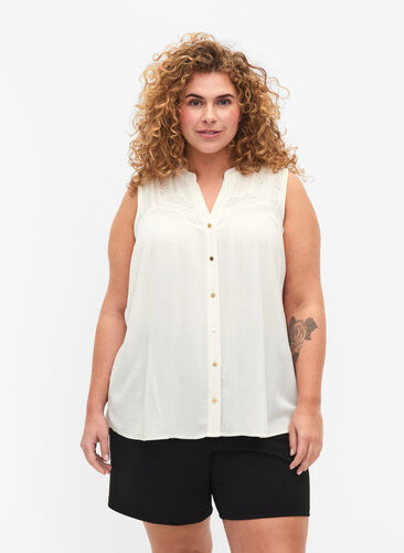Ermeløs viskosebluse med heklet detaljer, Bone White, Model image number 0