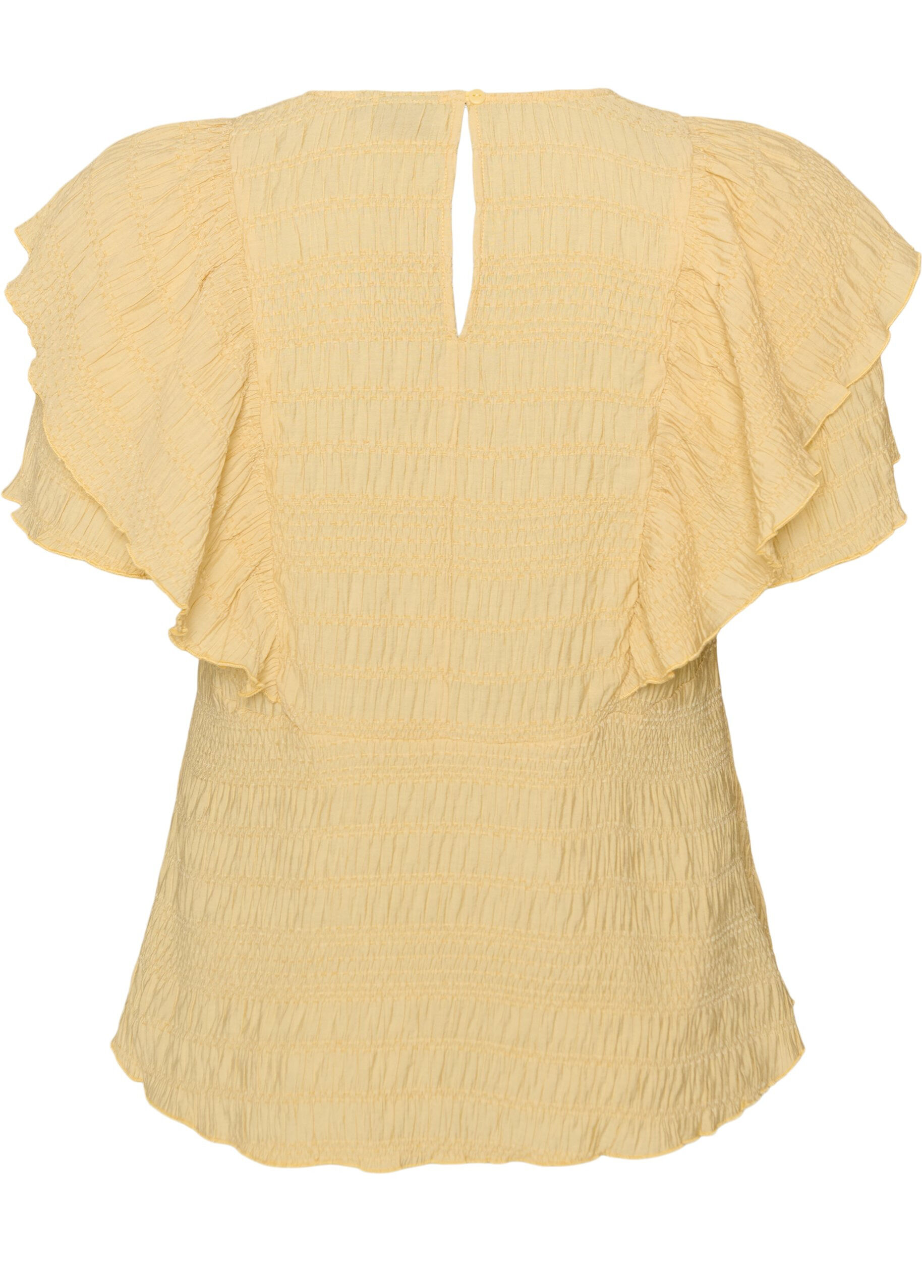 ZizziBluse med smockstruktur og volangermer, Gul, Packshot image number 1