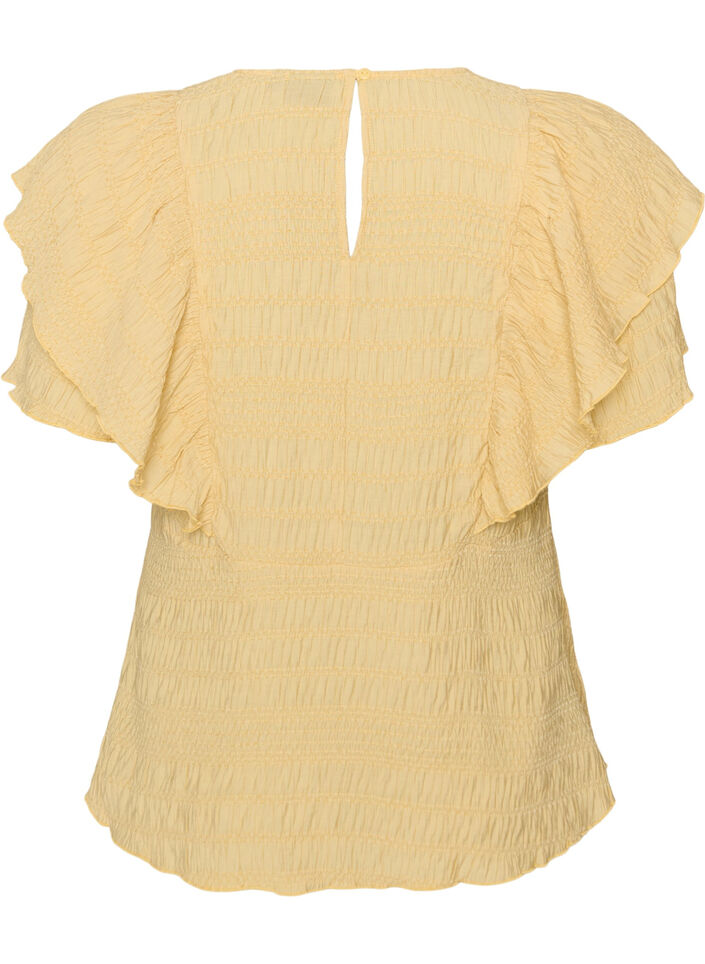 Bluse med smockstruktur og volangermer, Gul, Packshot image number 1