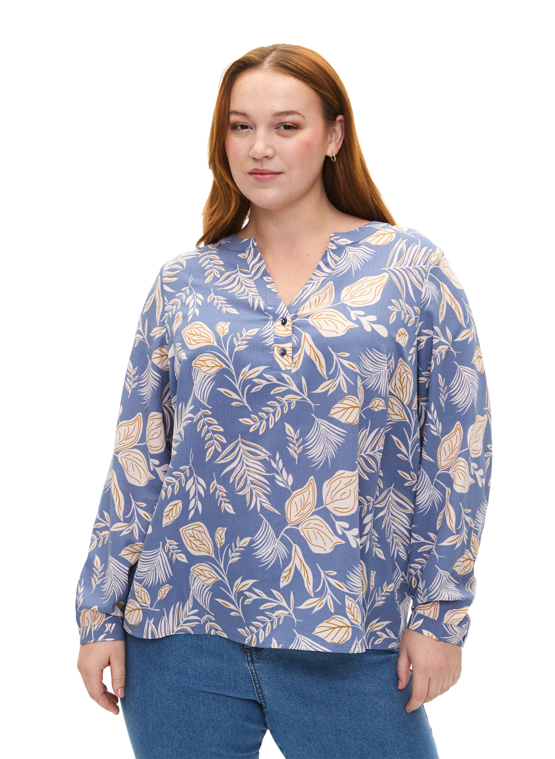 Zizzi FLASH - bluse med lange ermer og trykk, Delft AOP, Model image number 0