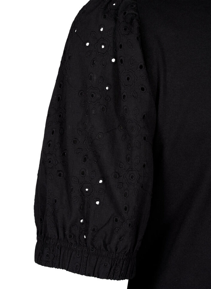 Bluse i økologisk bomull med broderi anglaise ermer, Black, Packshot image number 3