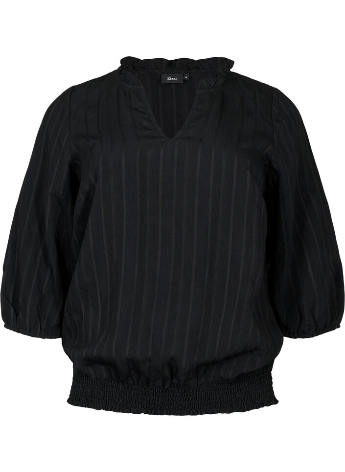 Viskosebluse med 3/4 ermer og smock, Black, Packshot image number 0