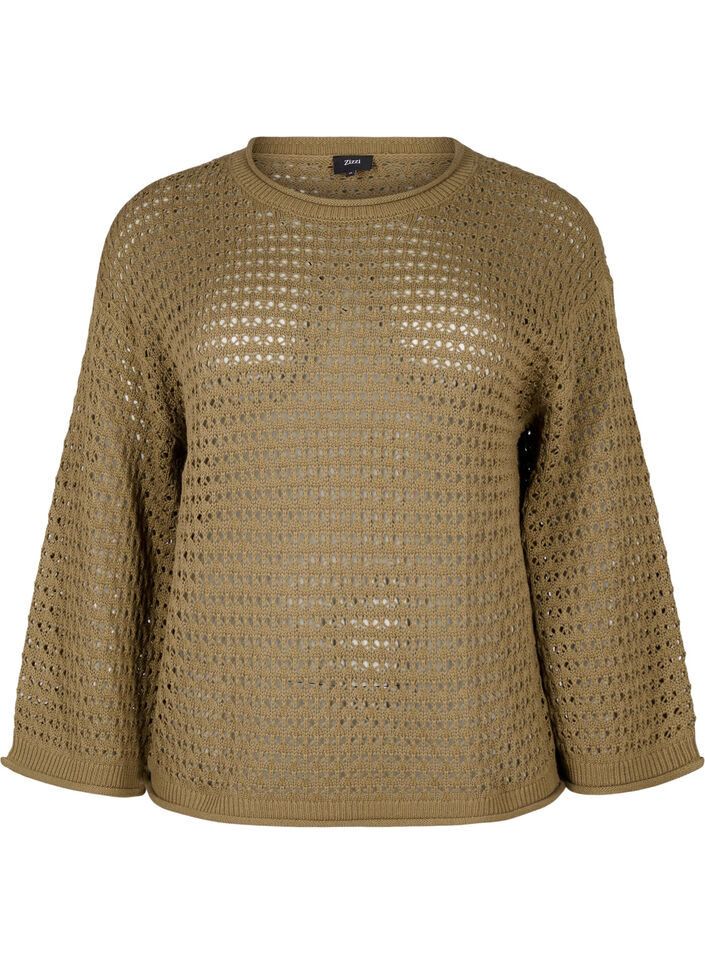 Strikkebluse med hullmønster, Dusky Green, Packshot image number 0