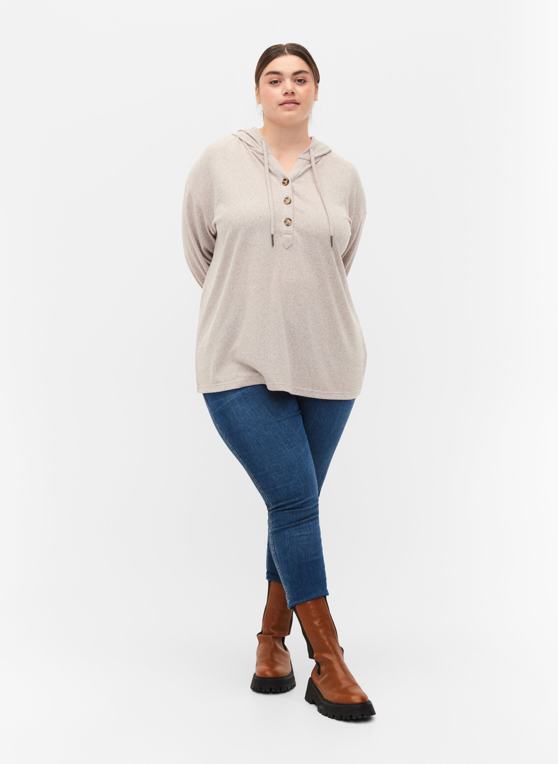 Zizzi Melert bluse med hette, Natural Mel., Model image number 2