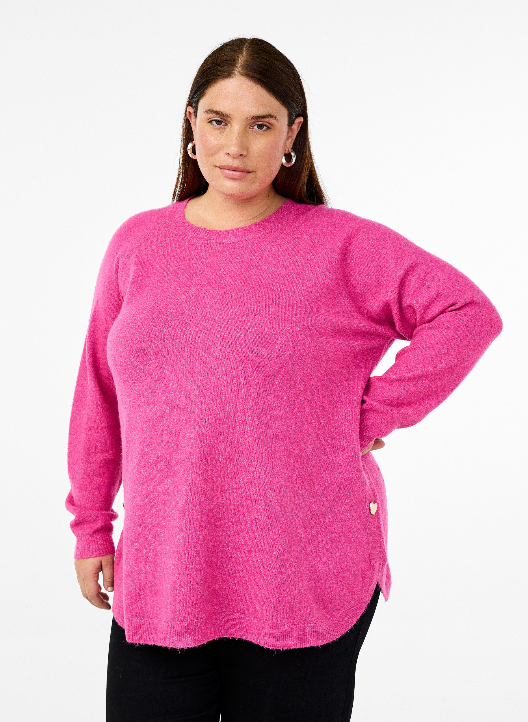 Zizzi Langstrikket bluse med knappdetalj p&aring; siden, Raspberry Rose Mel., Model image number 0