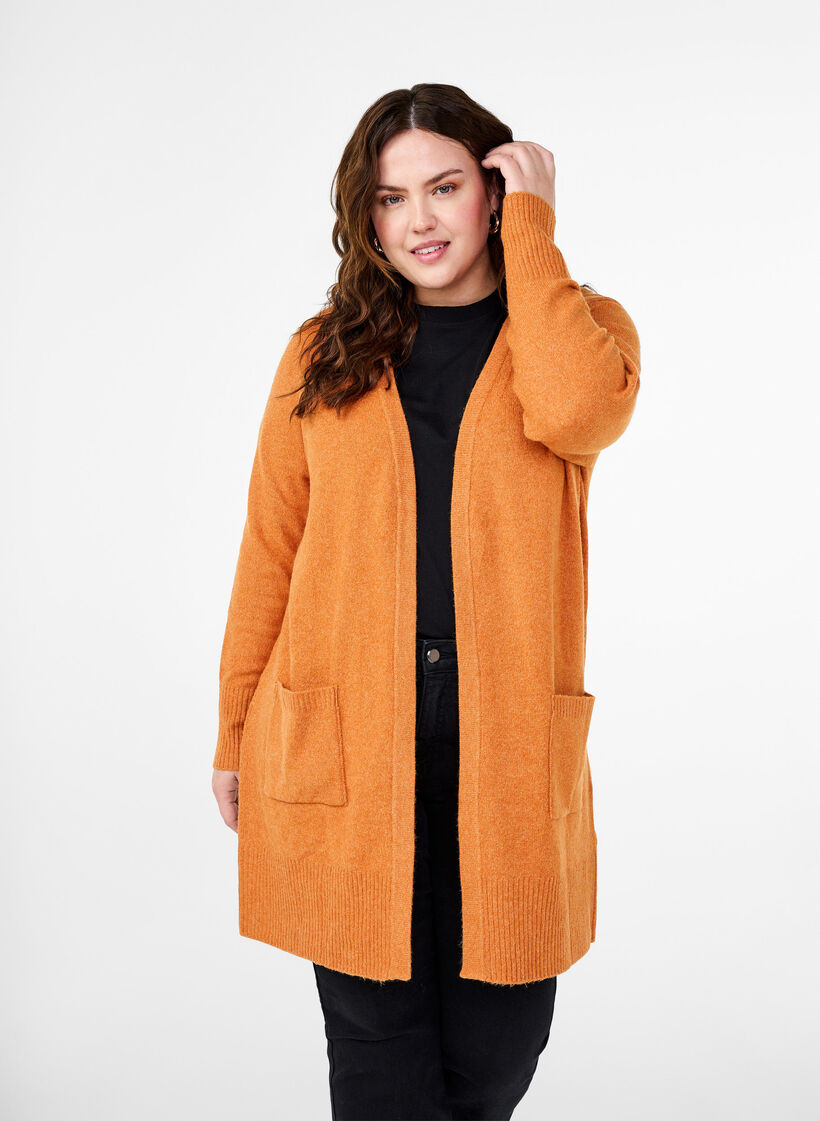 Ribbestrikket cardigan med lommer, Orange, Model image number 0