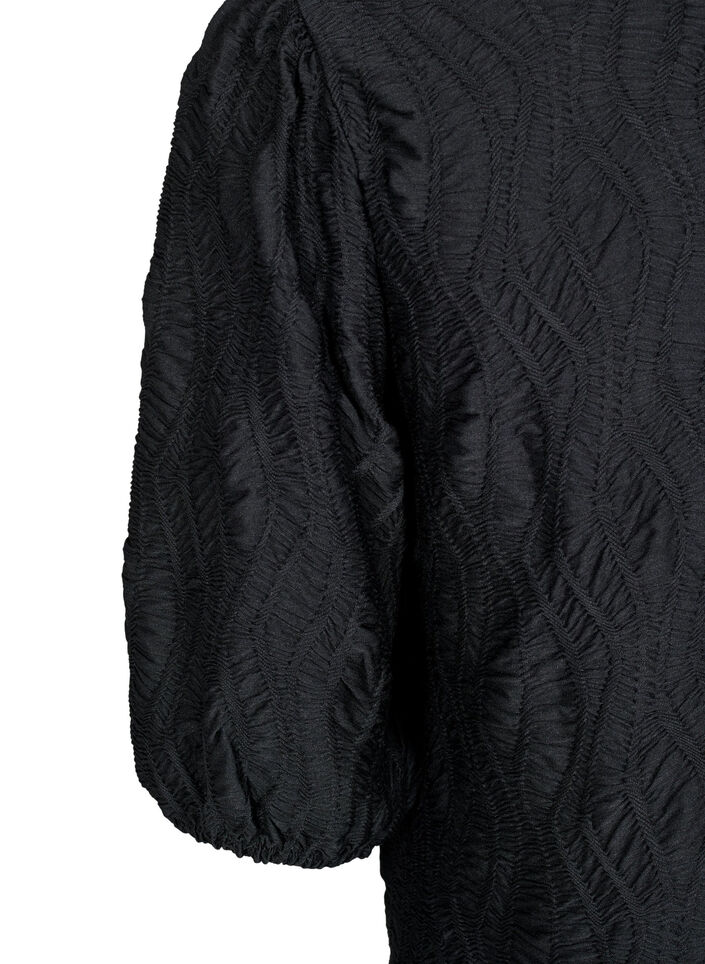 Bluse med tekstur og 3/4-ermer, Svart, Packshot image number 3