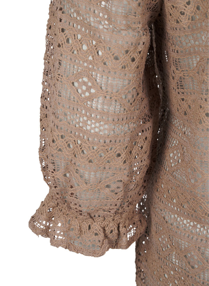 Bluse med hullmønster og 3/4-ermer, Brun, Packshot image number 3
