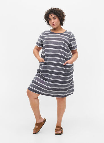 Stripete kjole med korte ermer, Blue Stripe, Model image number 2